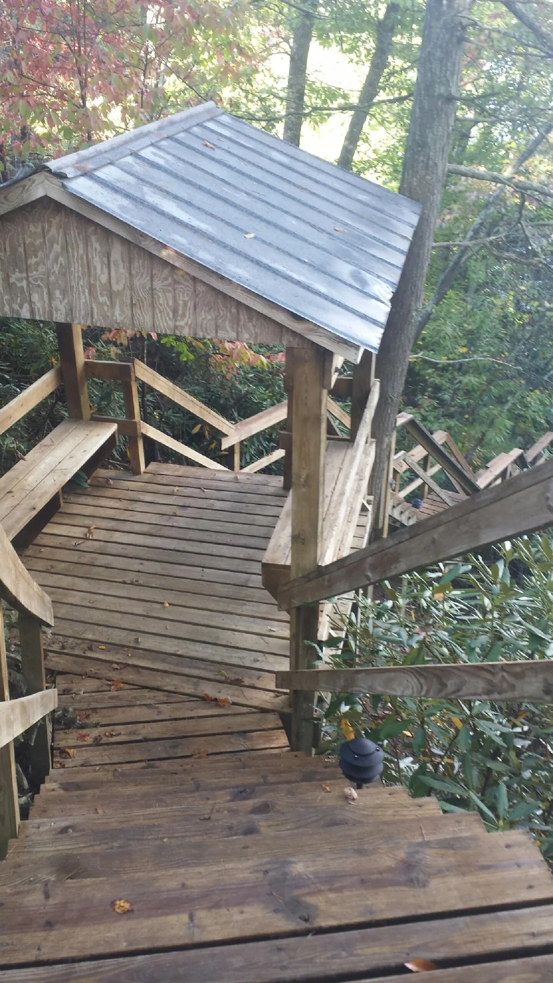 Metal roofed shelter over wooden steps on a wooded walkway — Skylight Repair & Installation work by our crew in Aplington